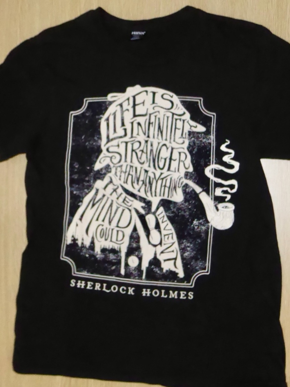 SHERLOCK HOLMES Unisex Black T-Shirt Life Is Infinitely Stranger Pipe Graphic S